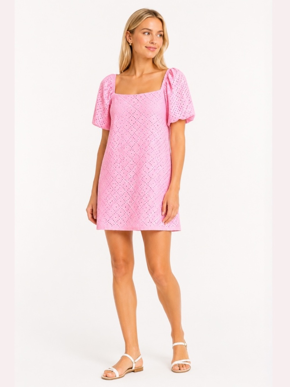 Vero Moda Pink Eyelet Square-Neck Puff-Sleeve Mini Dress